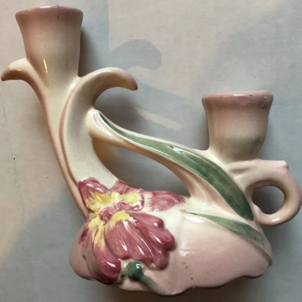 VTG Camark ONE Double Candleholder Iris Pattern Pink 269 USA 1930’s Cottagecore